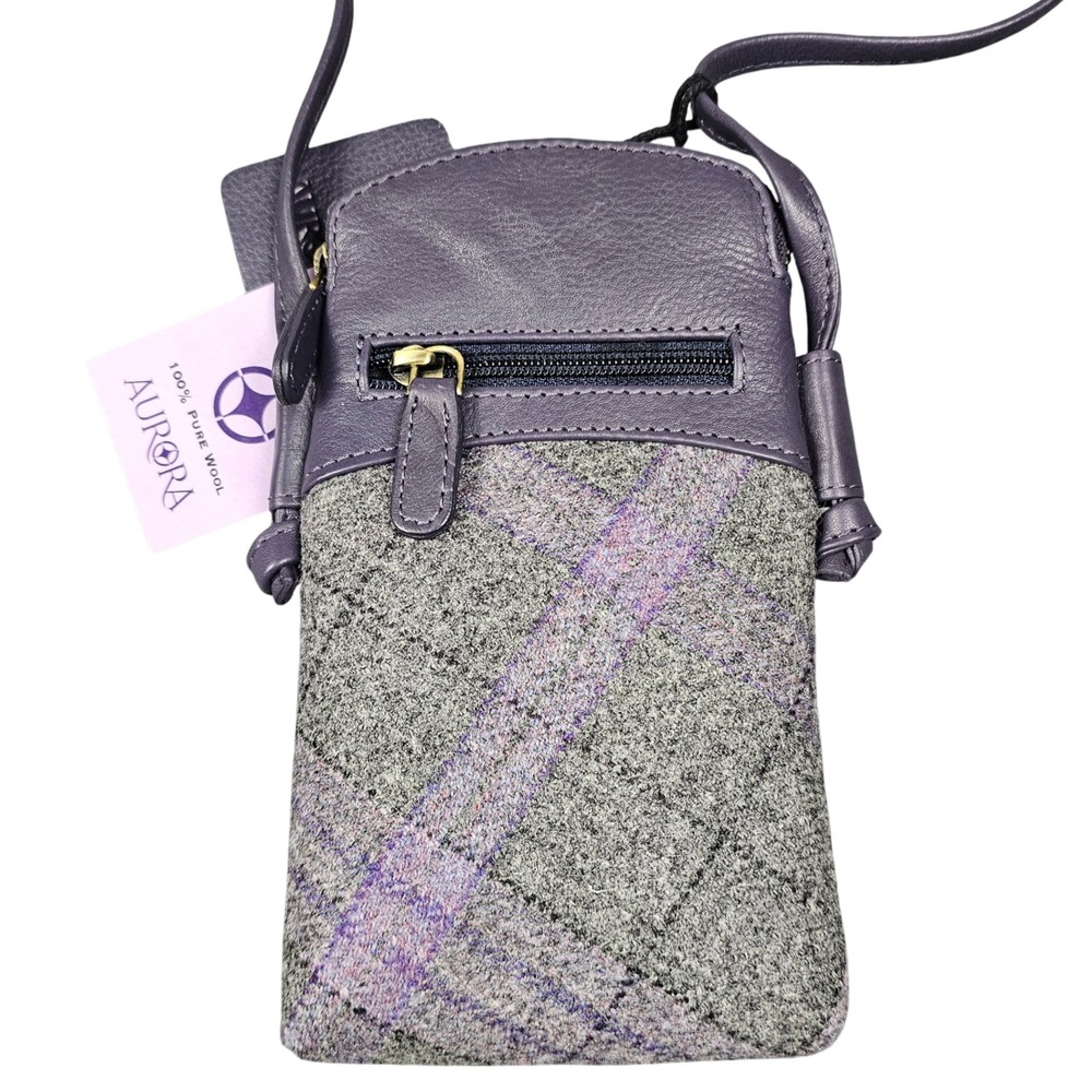 Aurora Orkney Heather Tweed‎ Leather Crossbody Bag Tartan Plaid Cell Phone Purse - Picture 4 of 5